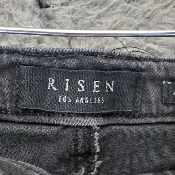 Risen Jeans Womens Size 27 Black High Rise Distressed Raw Hem Button Fly Stretch - Picture 2 of 12